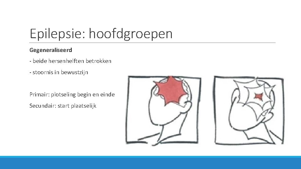 Epilepsie: hoofdgroepen Gegeneraliseerd - beide hersenhelften betrokken - stoornis in bewustzijn Primair: plotseling begin