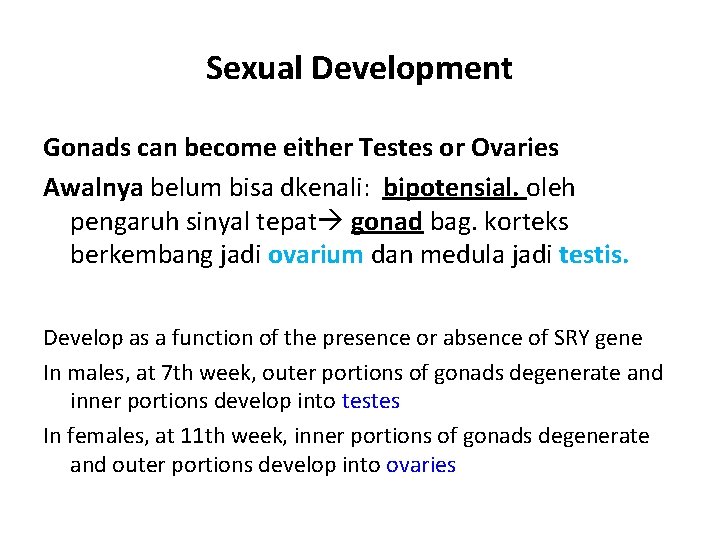 Sexual Development Gonads can become either Testes or Ovaries Awalnya belum bisa dkenali: bipotensial.