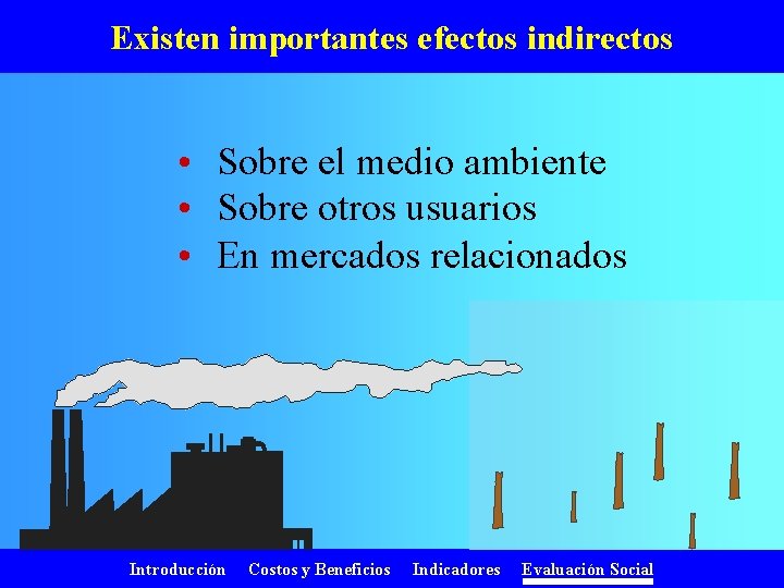 Existen importantes efectos indirectos • Sobre el medio ambiente • Sobre otros usuarios •