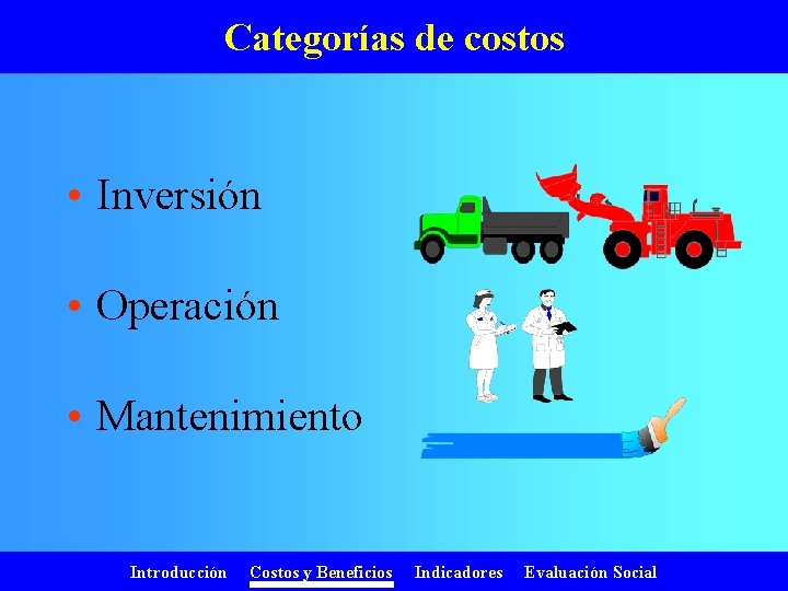 Categorías de costos • Inversión • Operación • Mantenimiento Introducción Costos y Beneficios Indicadores
