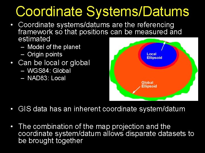 Coordinate Systems/Datums • Coordinate systems/datums are the referencing framework so that positions can be