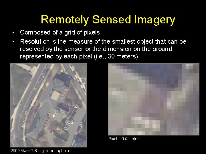 Remotely Sensed Imagery • Composed of a grid of pixels • Resolution is the