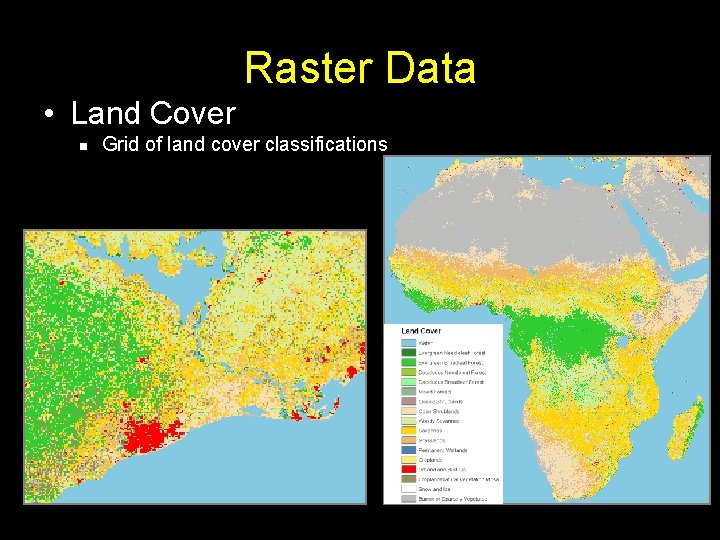 Raster Data • Land Cover n Grid of land cover classifications Cell/Resolution = 1