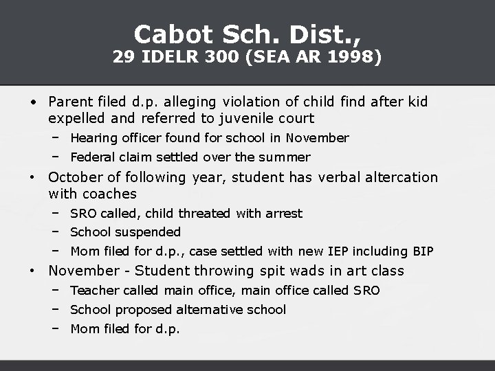 Cabot Sch. Dist. , 29 IDELR 300 (SEA AR 1998) • Parent filed d.