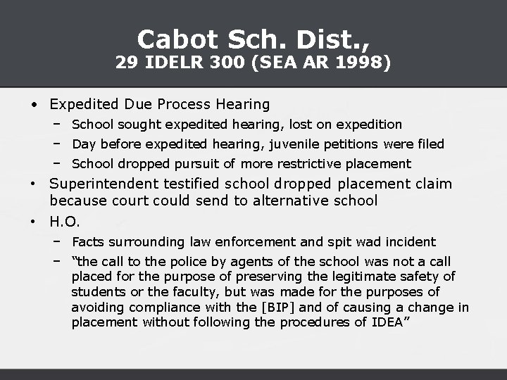 Cabot Sch. Dist. , 29 IDELR 300 (SEA AR 1998) • Expedited Due Process