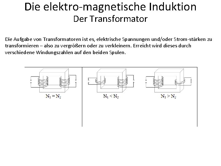 Die elektro-magnetische Induktion Der Transformator Die Aufgabe von Transformatoren ist es, elektrische Spannungen und/oder