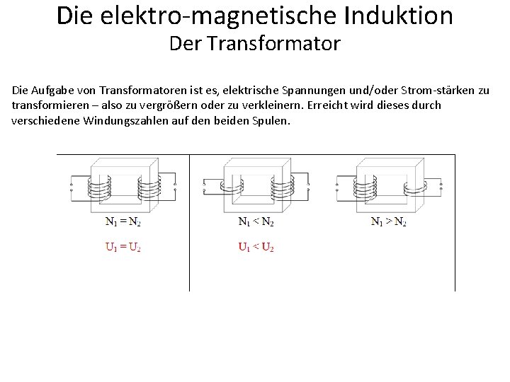 Die elektro-magnetische Induktion Der Transformator Die Aufgabe von Transformatoren ist es, elektrische Spannungen und/oder