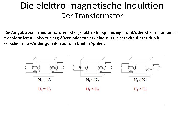 Die elektro-magnetische Induktion Der Transformator Die Aufgabe von Transformatoren ist es, elektrische Spannungen und/oder