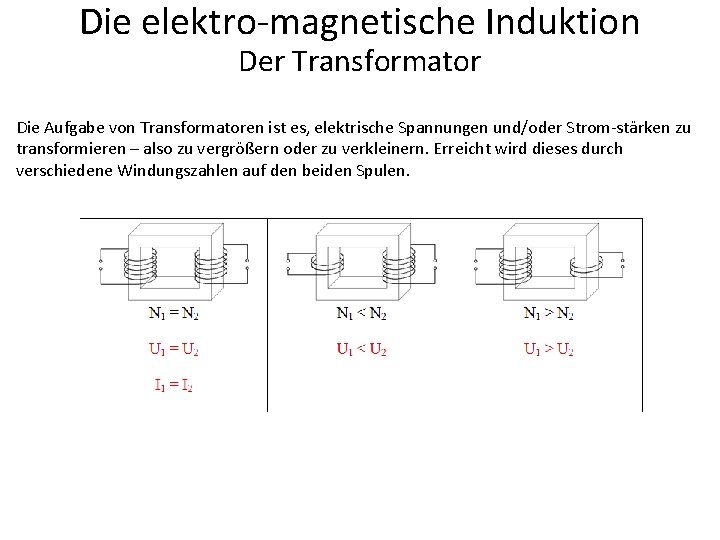 Die elektro-magnetische Induktion Der Transformator Die Aufgabe von Transformatoren ist es, elektrische Spannungen und/oder