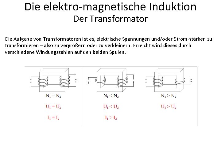 Die elektro-magnetische Induktion Der Transformator Die Aufgabe von Transformatoren ist es, elektrische Spannungen und/oder