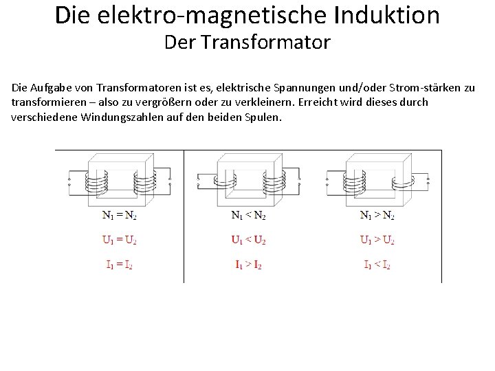 Die elektro-magnetische Induktion Der Transformator Die Aufgabe von Transformatoren ist es, elektrische Spannungen und/oder