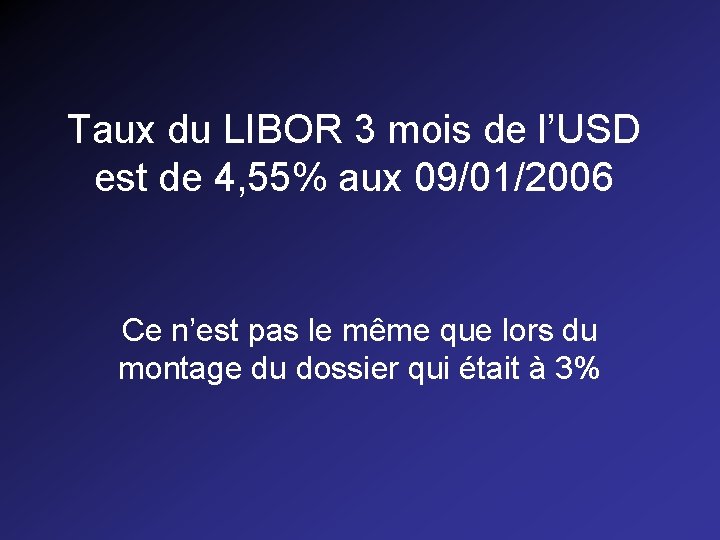 Taux du LIBOR 3 mois de l’USD est de 4, 55% aux 09/01/2006 Ce Taux du LIBOR 3 mois de l’USD est de 4, 55% aux 09/01/2006 Ce