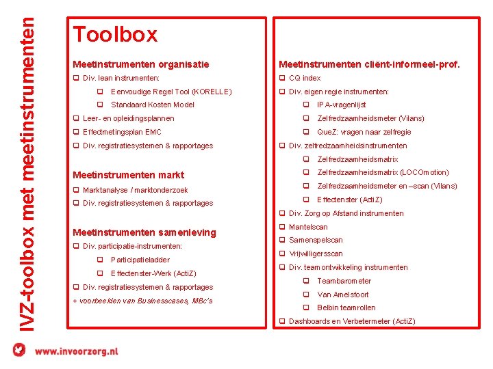 IVZ-toolbox met meetinstrumenten Toolbox Meetinstrumenten organisatie Meetinstrumenten cliënt-informeel-prof. q Div. lean instrumenten: q CQ