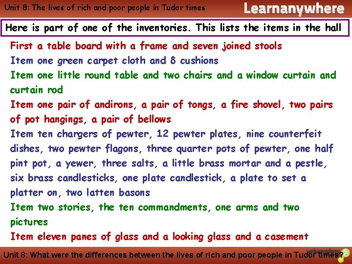 Unit 8: The lives of rich and poor people in Tudor times History Here