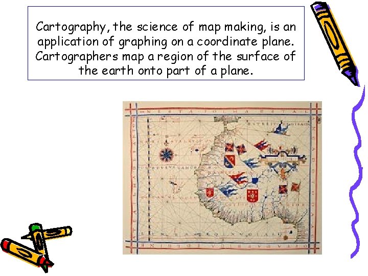 Cartography, the science of map making, is an application of graphing on a coordinate