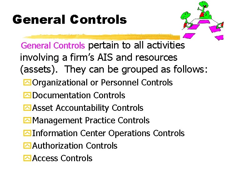 General Controls pertain to all activities involving a firm’s AIS and resources (assets). They