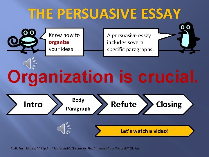 THE PERSUASIVE ESSAY Know how to organize your ideas. A persuasive essay includes several