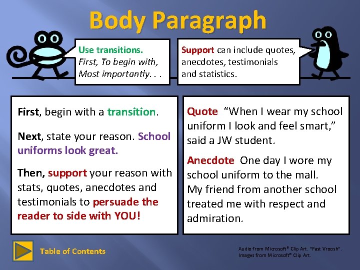 Body Paragraph Use transitions. First, To begin with, Most importantly. . . First, begin
