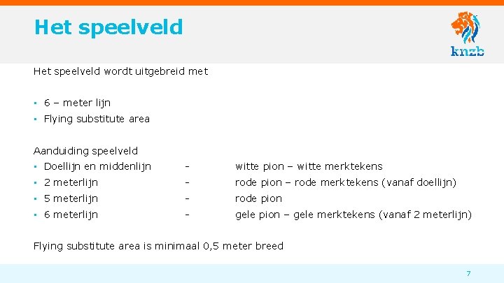 Het speelveld wordt uitgebreid met • 6 – meter lijn • Flying substitute area