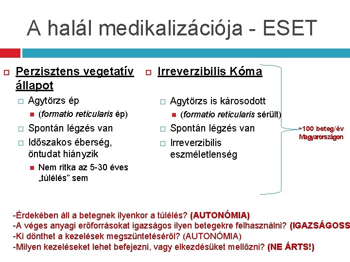 A halál medikalizációja - ESET Perzisztens vegetatív állapot � Agytörzs ép � � Irreverzibilis