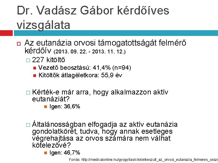 Dr. Vadász Gábor kérdőíves vizsgálata Az eutanázia orvosi támogatottságát felmérő kérdőív (2013. 09. 22.