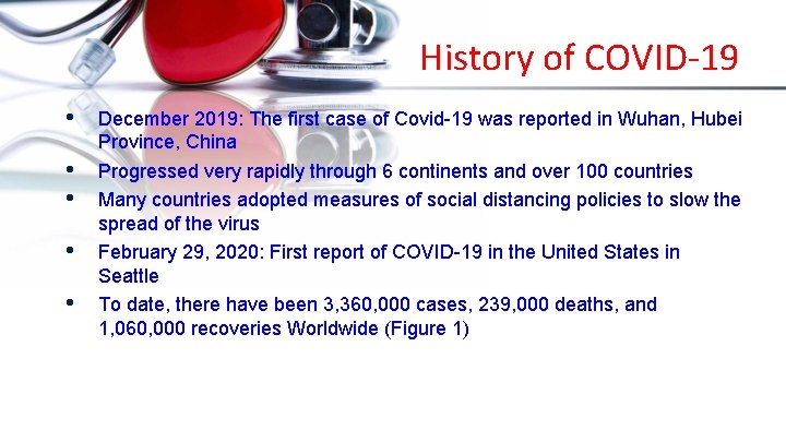 History of COVID-19 • • • December 2019: The first case of Covid-19 was