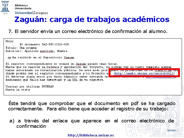 Zaguán: carga de trabajos académicos 7. El servidor envía un correo electrónico de confirmación