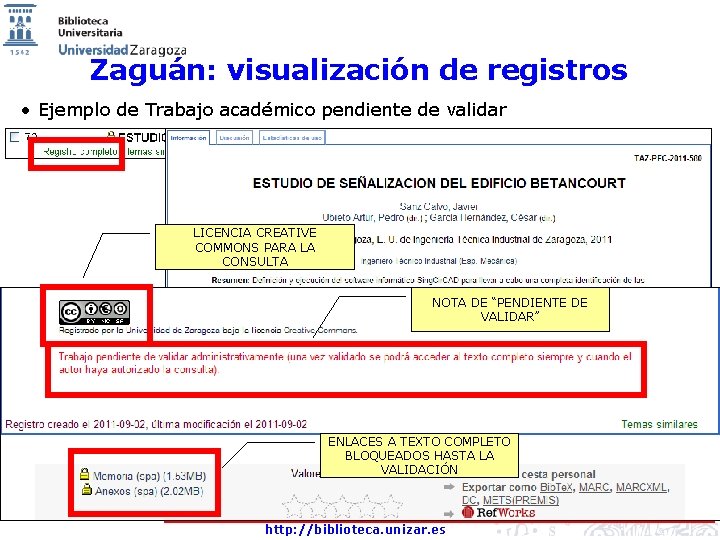 Zaguán: visualización de registros • Ejemplo de Trabajo académico pendiente de validar LICENCIA CREATIVE