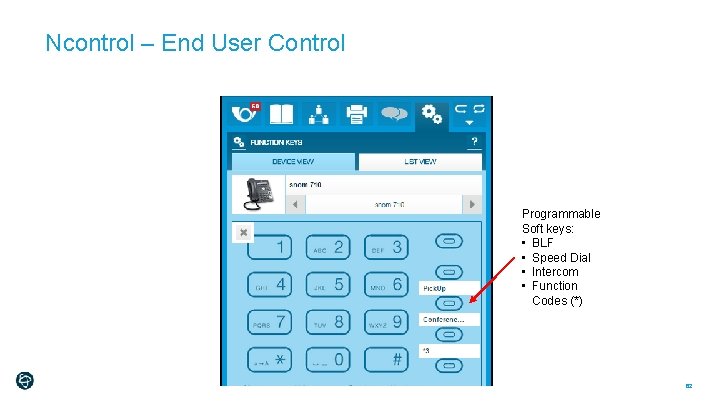 Ncontrol – End User Control Programmable Soft keys: • BLF • Speed Dial •