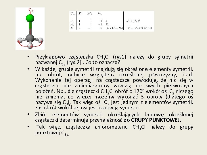  • Przykładowo cząsteczka CH 3 Cl (rys 1) należy do grupy symetrii nazwanej