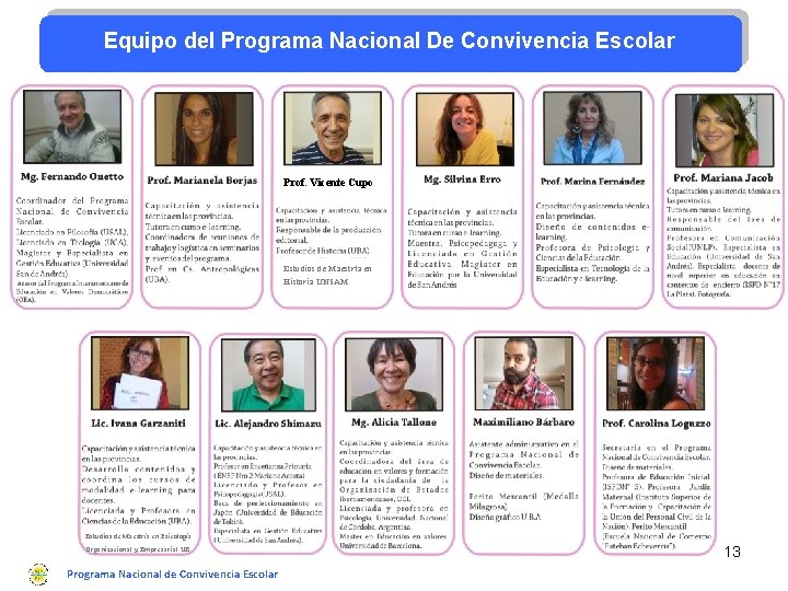 Equipo del Programa Nacional De Convivencia Escolar Prof. Vicente Cupo Estudios de Maestría en