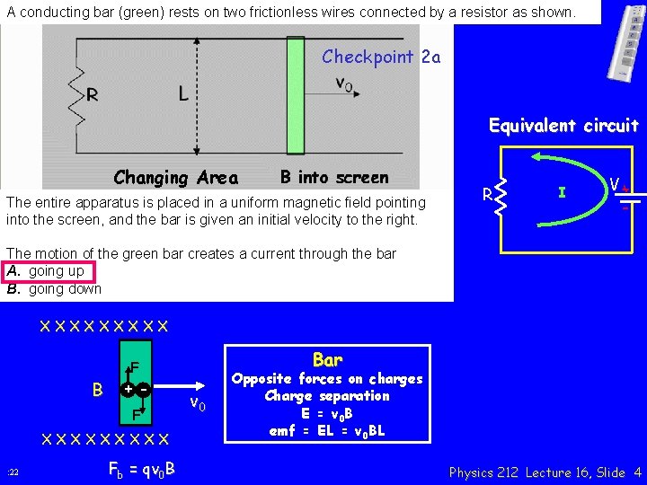 A conducting bar (green) rests on two frictionless wires connected by a resistor as