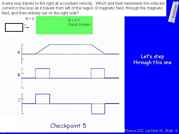 A wire loop travels to the right at a constant velocity. Which plot best
