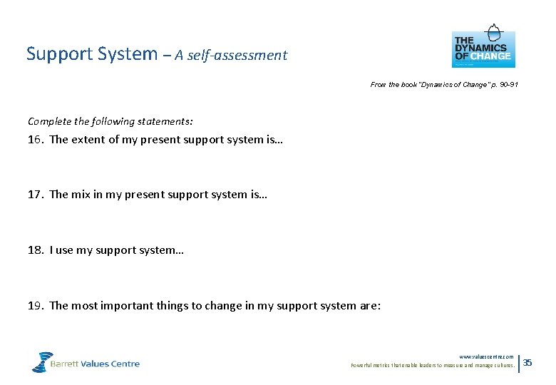 Support System – A self-assessment From the book ”Dynamics of Change” p. 90 -91