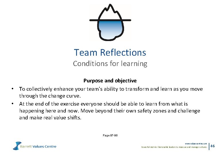 Team Reflections Conditions for learning Purpose and objective • To collectively enhance your team’s