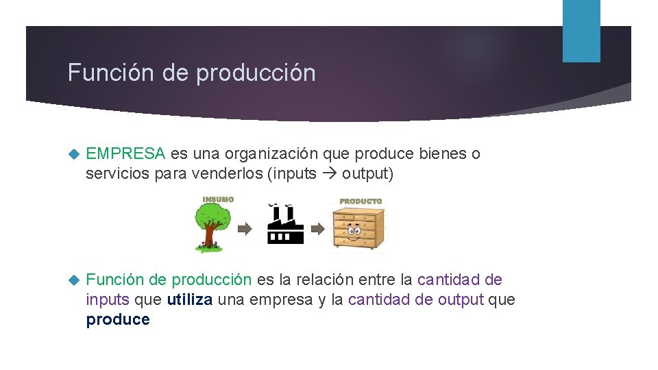 Función de producción EMPRESA es una organización que produce bienes o servicios para venderlos