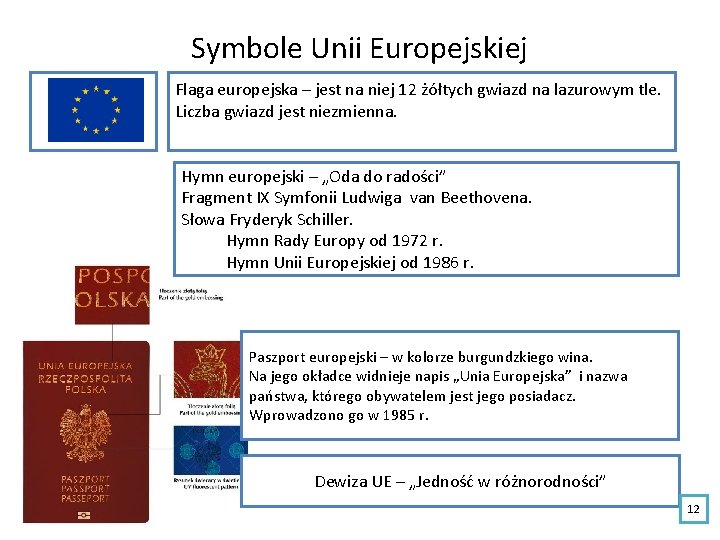 Symbole Unii Europejskiej Flaga europejska – jest na niej 12 żółtych gwiazd na lazurowym Symbole Unii Europejskiej Flaga europejska – jest na niej 12 żółtych gwiazd na lazurowym