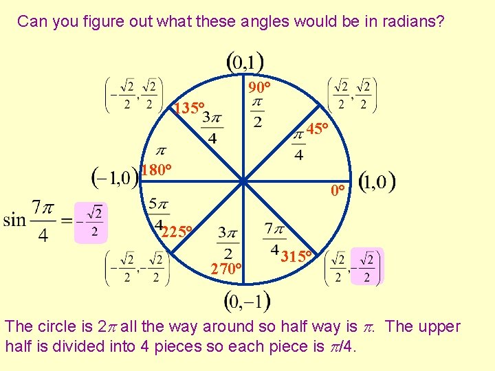 Can you figure out what these angles would be in radians? 90° 135° 45°