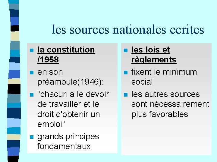 les sources nationales ecrites n n la constitution /1958 en son préambule(1946): "chacun a