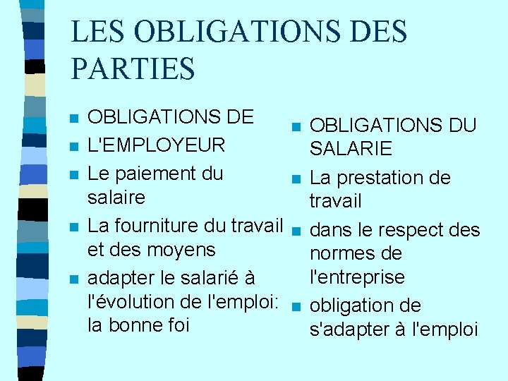 LES OBLIGATIONS DES PARTIES n n n OBLIGATIONS DE L'EMPLOYEUR Le paiement du salaire