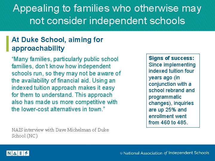 Appealing to families who otherwise may not consider independent schools At Duke School, aiming