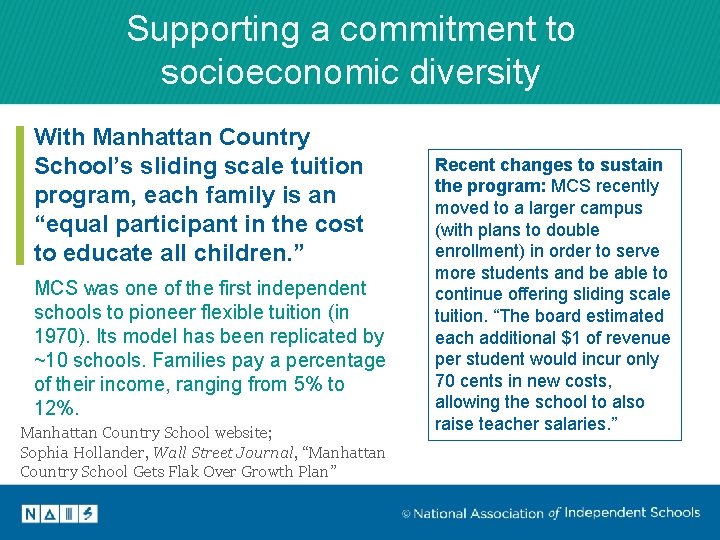 Supporting a commitment to socioeconomic diversity With Manhattan Country School’s sliding scale tuition program,