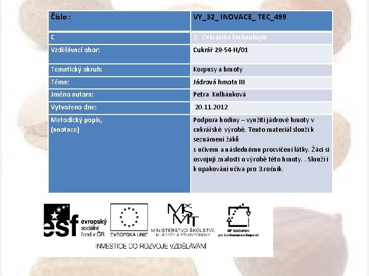 Číslo : VY_32_ INOVACE_ TEC_499 C 2. Cukrářská technologie Vzdělávací obor: Cukrář 29 -54