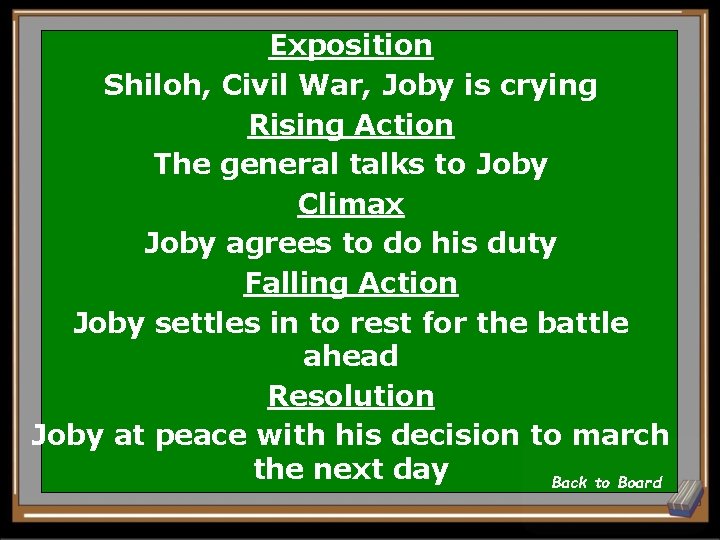 Exposition Shiloh, Civil War, Joby is crying Rising Action The general talks to Joby