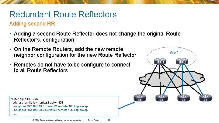 Redundant Route Reflectors Adding second RR • Adding a second Route Reflector does not Redundant Route Reflectors Adding second RR • Adding a second Route Reflector does not