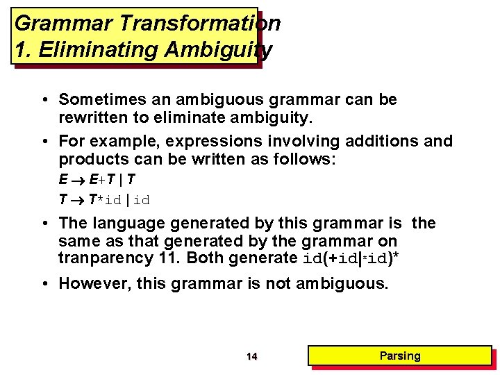 Grammar Transformation 1. Eliminating Ambiguity • Sometimes an ambiguous grammar can be rewritten to Grammar Transformation 1. Eliminating Ambiguity • Sometimes an ambiguous grammar can be rewritten to