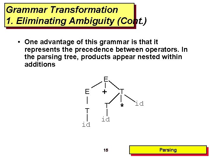 Grammar Transformation 1. Eliminating Ambiguity (Cont. ) • One advantage of this grammar is Grammar Transformation 1. Eliminating Ambiguity (Cont. ) • One advantage of this grammar is