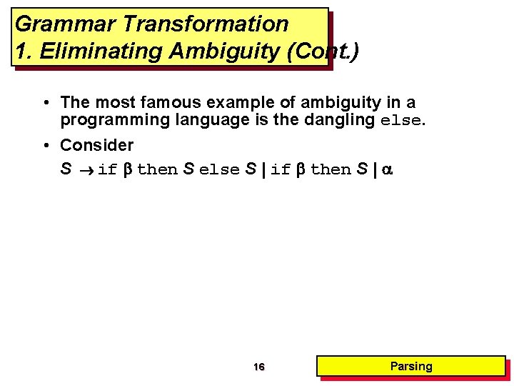 Grammar Transformation 1. Eliminating Ambiguity (Cont. ) • The most famous example of ambiguity Grammar Transformation 1. Eliminating Ambiguity (Cont. ) • The most famous example of ambiguity