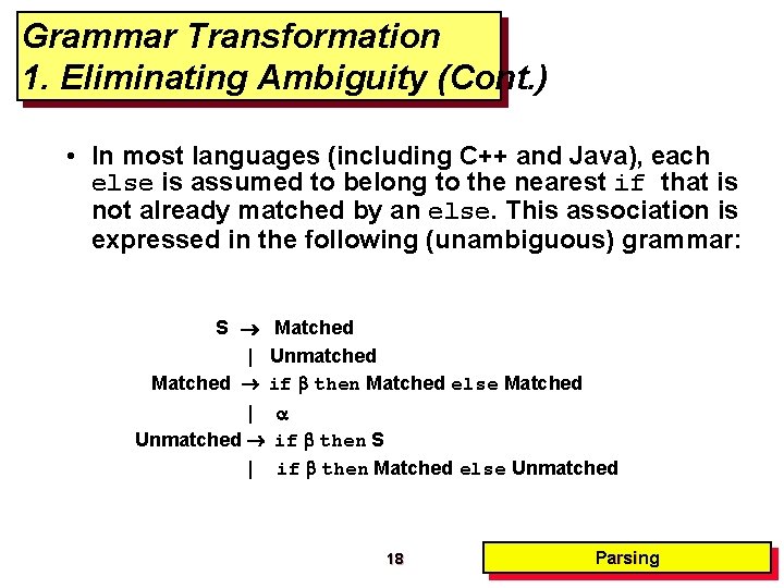 Grammar Transformation 1. Eliminating Ambiguity (Cont. ) • In most languages (including C++ and Grammar Transformation 1. Eliminating Ambiguity (Cont. ) • In most languages (including C++ and
