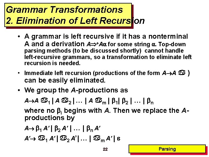 Grammar Transformations 2. Elimination of Left Recursion • A grammar is left recursive if Grammar Transformations 2. Elimination of Left Recursion • A grammar is left recursive if